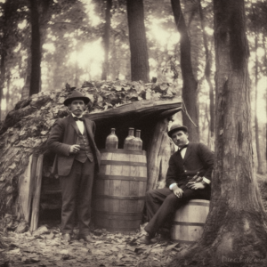 Men hiding in the woods with their illegal alcohol during prohibition time in PEI.