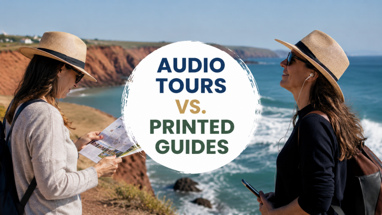 Lady reading a guide and one with headphones