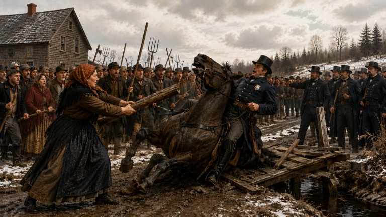 Tignish Rebellion - Woman knocking horse down with log